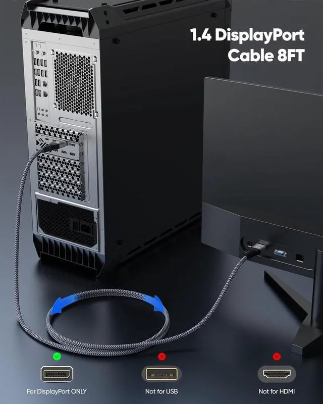 Alt view image 6 of 7 - 8K DisplayPort Cable 8FT DP Cable Display Port to Display Port 1.4 8 Feet (8K@60Hz 4K@144Hz 2K@240Hz 32.4Gbps Dynamic HDR 3D HDCP2.2) for Monitor Graphics Card PC Laptop