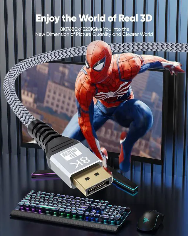 Alt view image 4 of 7 - 8K DisplayPort Cable 8FT DP Cable Display Port to Display Port 1.4 8 Feet (8K@60Hz 4K@144Hz 2K@240Hz 32.4Gbps Dynamic HDR 3D HDCP2.2) for Monitor Graphics Card PC Laptop