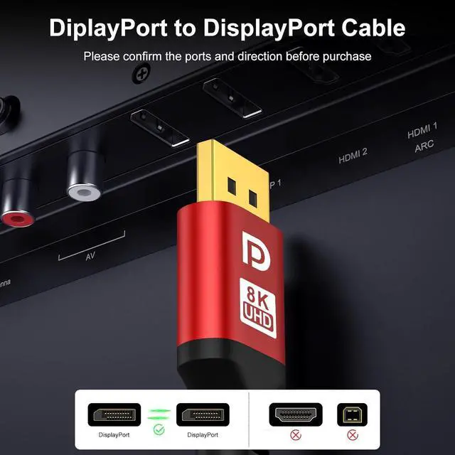 Alt view image 6 of 6 - DP 6ft DisplayPort 2.1 Cable - High Speed DisplayPort (16K 10K 8K@60Hz 4K@144Hz 2K@240Hz) HBR3 Support HDR 4:4:4 / HDR 10 and HDCP 2.2 for Gaming Monitor (Red)