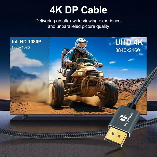 Alt view image 2 of 7 - DisplayPort Cable 3.3FT Certified DP 1.2 Gold-Plated 4K@60Hz 2K@165/144Hz Laptop PC Gaming Monitor