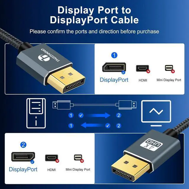 Alt view image 3 of 7 - DisplayPort Cable 3.3FT Certified DP 1.2 Gold-Plated 4K@60Hz 2K@165/144Hz Laptop PC Gaming Monitor