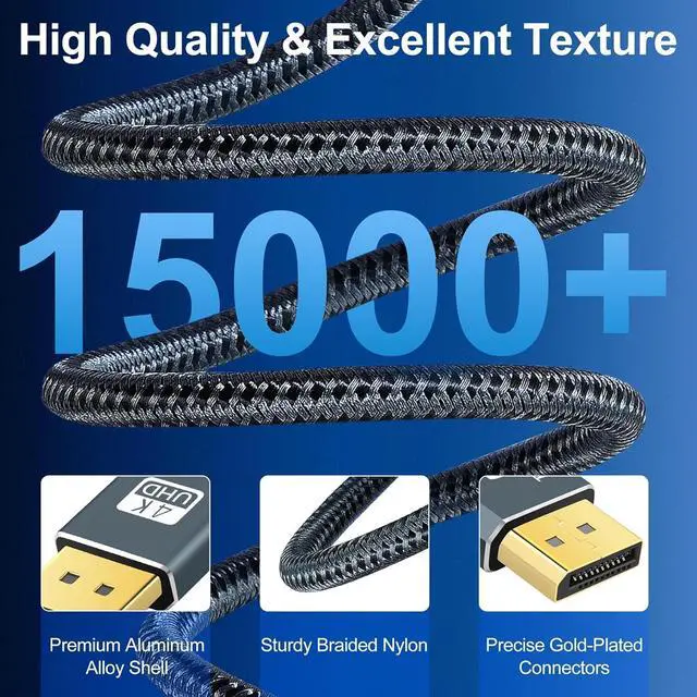 Alt view image 4 of 7 - DisplayPort Cable 3.3FT Certified DP 1.2 Gold-Plated 4K@60Hz 2K@165/144Hz Laptop PC Gaming Monitor