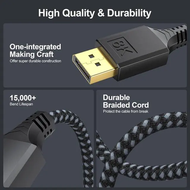 Alt view image 4 of 7 - DisplayPort Cable 1.4 15FT DP Display Port Cord (8K@60Hz 4K@144Hz 2K@240Hz 32.4Gbps) Braided Male to Male Compatible for Computer Monitor PC Gaming Laptop TV