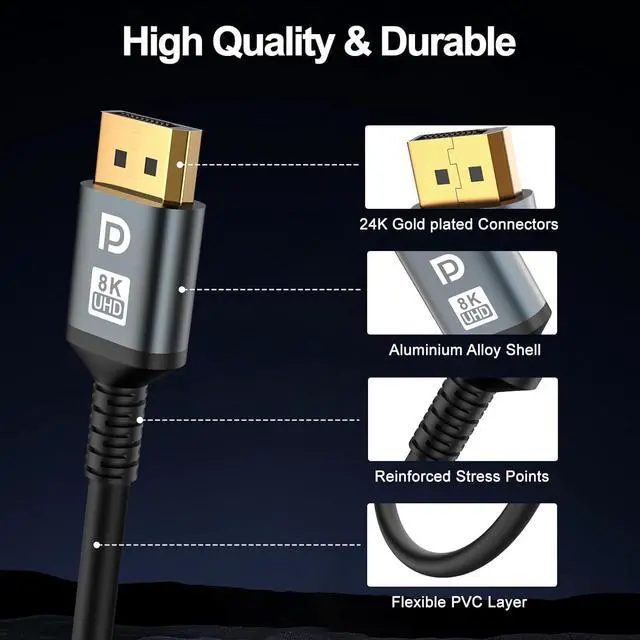 Alt view image 6 of 7 - 16K DisplayPort Cable 2.1 20 FT DP Cable[16K@60Hz 8K@120Hz 4K@240Hz 40Gbps] High Speed Gold-Plated DP to DP Cable for Gaming Monitor HDR/HDCP/FreeSync/G-Sync Monitor 4090 7900XTX