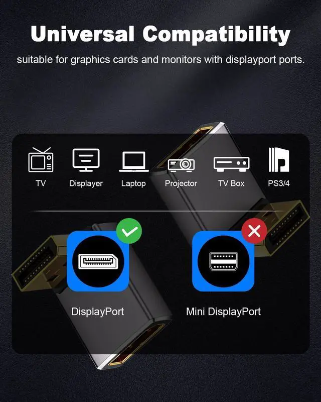 Alt view image 4 of 7 - 8K 90 Degree Display Port 1.4 Displayport Extender Adapter 32.4Gbps Down Angle DisplayPort Male to Female Adapter (8K/60Hz 4k/144Hz) for PC Laptop 2Pack