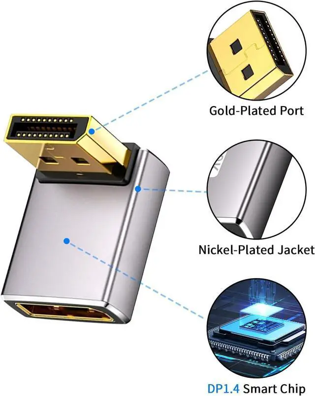 Alt view image 5 of 7 - 8K 90 Degree Display Port 1.4 Displayport Extender Adapter 32.4Gbps Down Angle DisplayPort Male to Female Adapter (8K/60Hz 4k/144Hz) for PC Laptop 2Pack