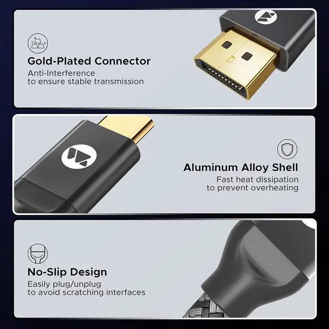 Alt view image 7 of 7 - USB C to DisplayPort Cable 8K 60Hz [Stable Gold-Plated Plug Metal Case] 4K 240Hz 2K 360Hz Type-C to Display Port Cord Thunderbolt 3/4 Compatible with MacBook Pro/Air iPhone 15 iPad Galaxy