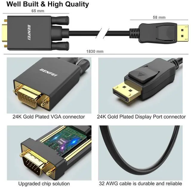 Alt view image 6 of 7 - DisplayPort to VGA Cable 1.8M Display Port of Computer/Laptop to VGA of Monitor/Projector Gold-Plated Adapter (Not Bidirectional Not Compatible with HDMI or USB)