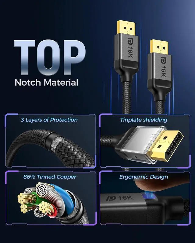 Alt view image 2 of 7 - Silkland DisplayPort 2.1 Cable 15FT, DP 2.1 Cable [16K@30Hz, 10K@60Hz, 8K@120Hz, 4K@240Hz 165Hz 144Hz] 40Gbps HDR, HDCP DSC 1.2a, Video Display Port 2.1 Cord Compatible FreeSync G-Sync Gaming Monitor