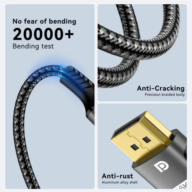 Alt view image 6 of 7 - FDBRO 16K DisplayPort 2.1 Cable 16K@30Hz 8K@60Hz 4K@165Hz DP 2.1 Cord Male to Male Support HDR, 3D for PC, HDTV, Laptops, Gaming Monitor (Gray & Black, 10FT/3M)