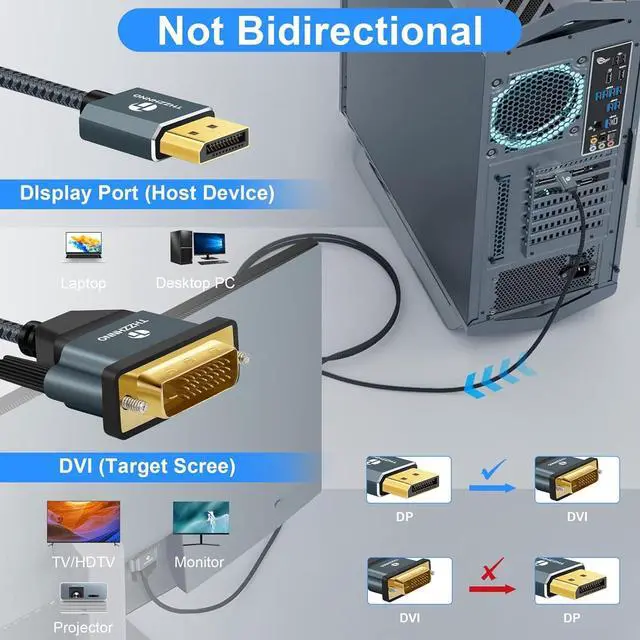 Alt view image 2 of 7 - DisplayPort to DVI Cable 10FT, Gold-Plated Display Port to DVI-D Adapter Cable 1080P@60Hz Cord for Computer, Desktop, Laptop, PC, Monitor, Projector