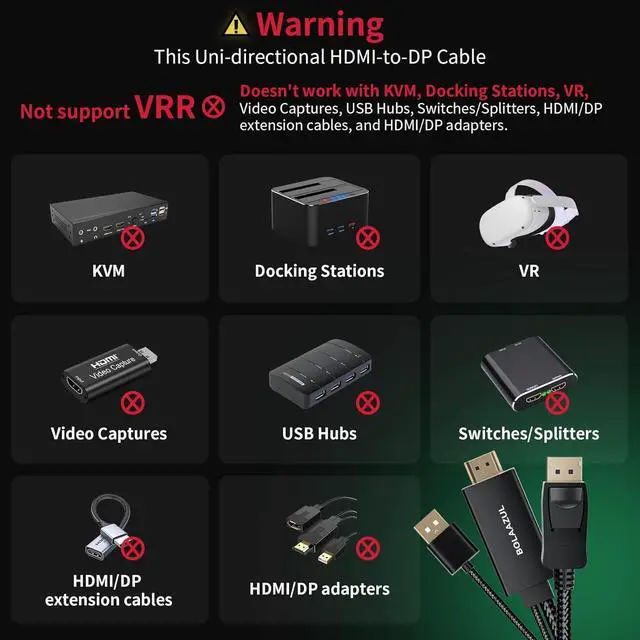 Alt view image 2 of 7 - HDMI to DisplayPort Adapter Cable Unidirectional 4K HDMI Source (Input) to Display Port (Output) Monitor Video Cable HDMIDP Cord Braided Male/Male USB Powered