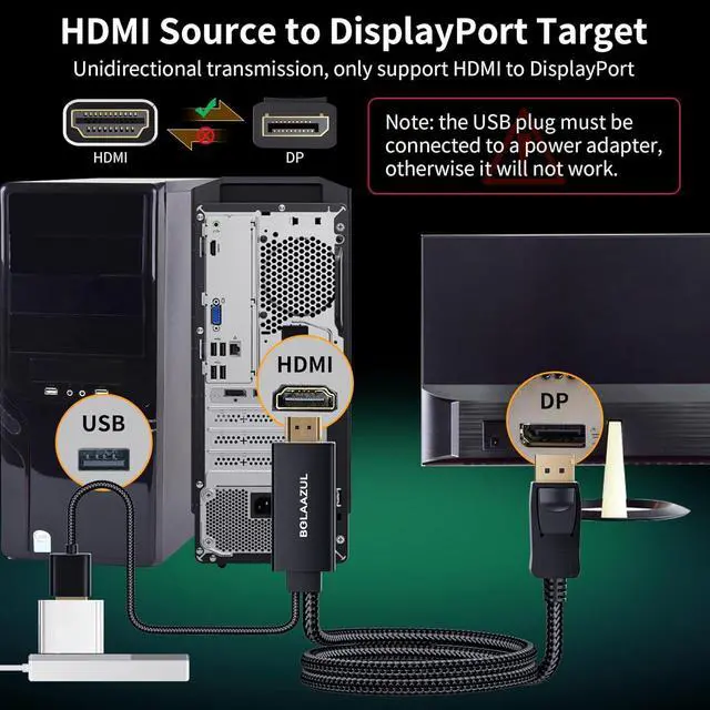Alt view image 3 of 7 - HDMI to DisplayPort Adapter Cable Unidirectional 4K HDMI Source (Input) to Display Port (Output) Monitor Video Cable HDMIDP Cord Braided Male/Male USB Powered