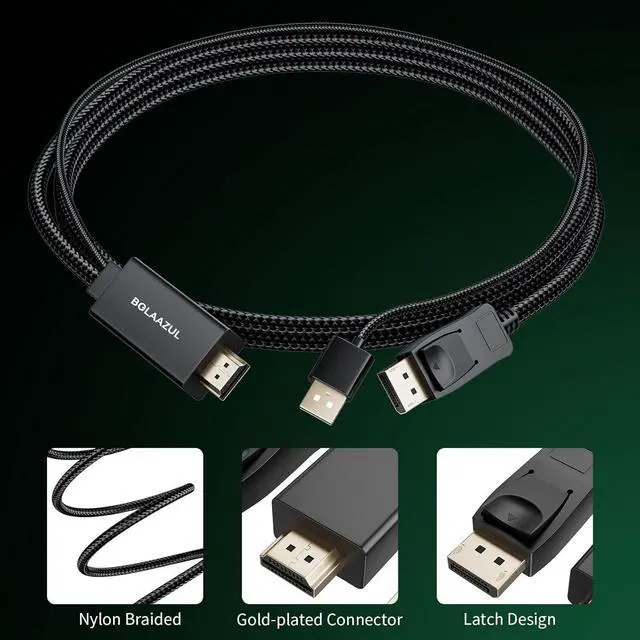 Alt view image 7 of 7 - HDMI to DisplayPort Adapter Cable Unidirectional 4K HDMI Source (Input) to Display Port (Output) Monitor Video Cable HDMIDP Cord Braided Male/Male USB Powered