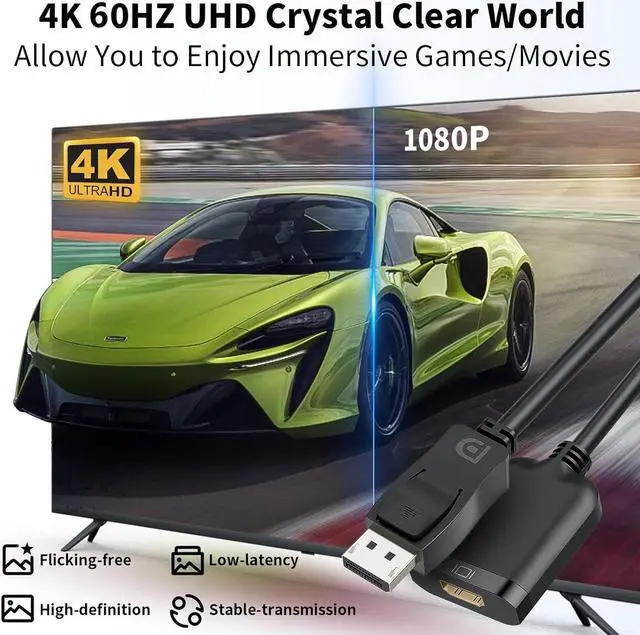 Alt view image 2 of 7 - Displayport to HDMI Active Adapter Cable 4K DP 1.4 to HDMI 2.0 Monitor Uni-Directional Converter Male to Female Black Compatible for HP AMD NVIDIA   Desktop TV and More