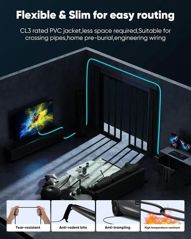 Alt view image 4 of 7 - Long HDMI Cable 15 FT 4K 8K 10K HDMI 2.1 Cord Ultra High Speed [in-Wall CL3 Rated 8K@60Hz 4K@120Hz Video 48Gbps] Fit Durable Flexible eARC HDCP Compatible for Ethernet SoundBar