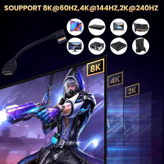 Alt view image 3 of 4 - 5.9 Inch DisplayPort 8K Extension Cable 90 Degree Right Angle DP 1.4 Version Male to DP 1.4 Version Female Adapter Extender Cable Support 8K@60Hz & 4K@ 144Hz