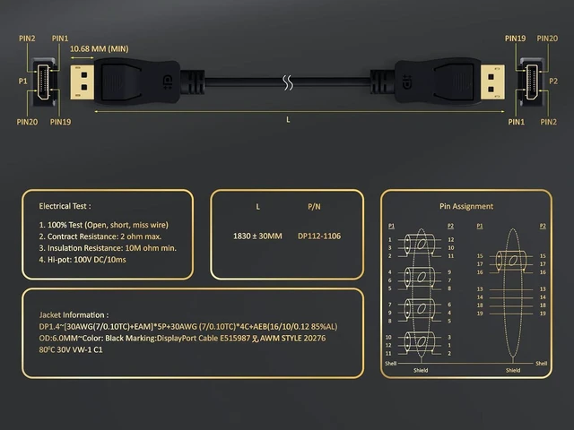 Alt view image 4 of 4 - Cable Leader Gold Plated Premium DisplayPort Male to Male Cable with Latches, Supports Resolutions up to 8K@60 Hz, Version 1.4 VESA Certified (6 FT)