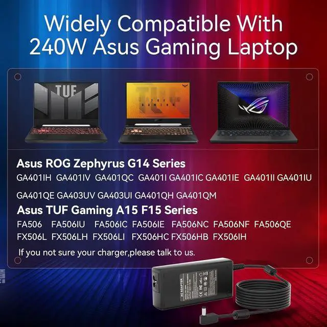 Alt view image 2 of 7 - 240W Ac Adapter for  Rog Zephyrus G14 GA401IV G15 GA502IV Fit for  Tuf Gaming Laptop Charger Tuf F15 A15 F16 A16-180W for  Zephyrus G14-for  Tuf A15 FA506IU F15 FX506LH