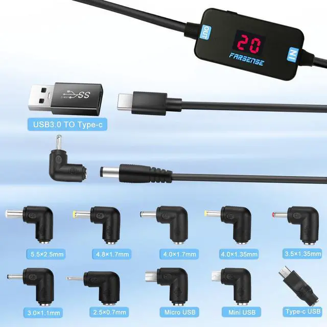 Alt view image 7 of 7 - USB C to DC Adapter Barrel PD Trigger Cable(3.3ft) with 10 Connector Tips USB to DC Power Cable can Switch Voltage by Pressing The Key Support LED Display Voltage