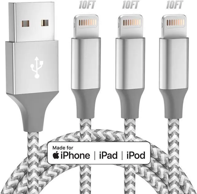 Main image of iPhone Charger 3pack 10FT Apple MFi Certified Long Lightning Cable Fast Charging High Speed Data Sync USB Cable Compatible iPhone 14 13/12/11 Pro Max/XS MAX/XR/XS/X/8/7/Plus/6S (Grey White)