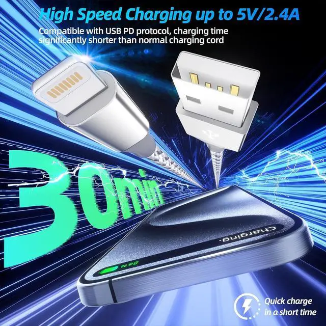 Alt view image 2 of 7 - iPhone Charger 3pack 10FT Apple MFi Certified Long Lightning Cable Fast Charging High Speed Data Sync USB Cable Compatible iPhone 14 13/12/11 Pro Max/XS MAX/XR/XS/X/8/7/Plus/6S (Grey White)