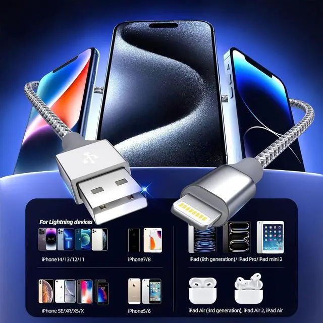 Alt view image 5 of 7 - iPhone Charger 3pack 10FT Apple MFi Certified Long Lightning Cable Fast Charging High Speed Data Sync USB Cable Compatible iPhone 14 13/12/11 Pro Max/XS MAX/XR/XS/X/8/7/Plus/6S (Grey White)