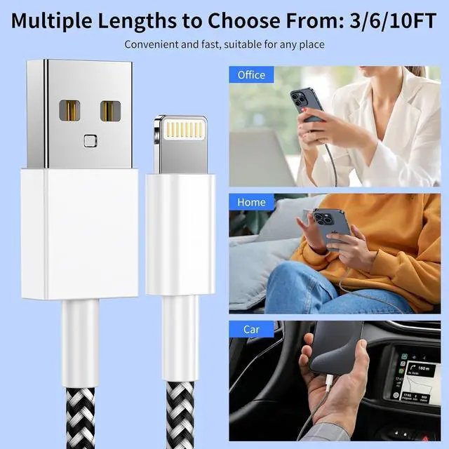 Alt view image 6 of 7 - iPhone Charger 6Pack(3/3/6/6/6/10FT) Apple MFi Certified Fast Charging Lightning Cable iPhone Charger Cord Nylon Braided for iPhone 14 13/12/11 Pro Max/XS MAX/XR/XS/X/8/7/Plus/6S iPad and More