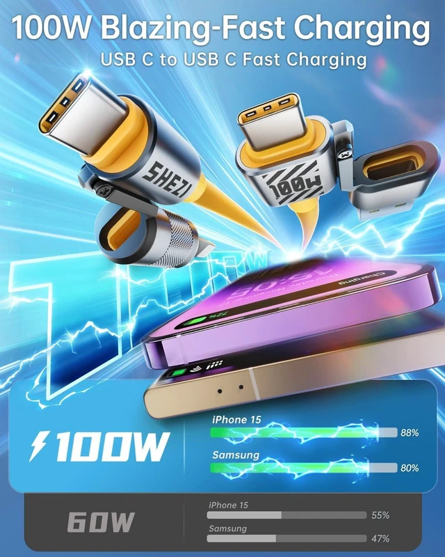 Alt view image 3 of 7 - 4 in 1 USB C Cable Lightning Cable 100W Yellow +Blue
