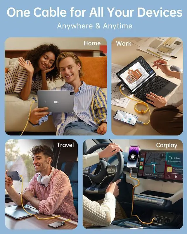 Alt view image 6 of 7 - 4 in 1 USB C Cable 60W Compatible With Lightning Cable Fast Charging & Data Transfer, Multi Charger Cord Combo for iPhone iPad Charger Wire with L/Type C/USB A for iPhone 16/15/Macbook, Yellow