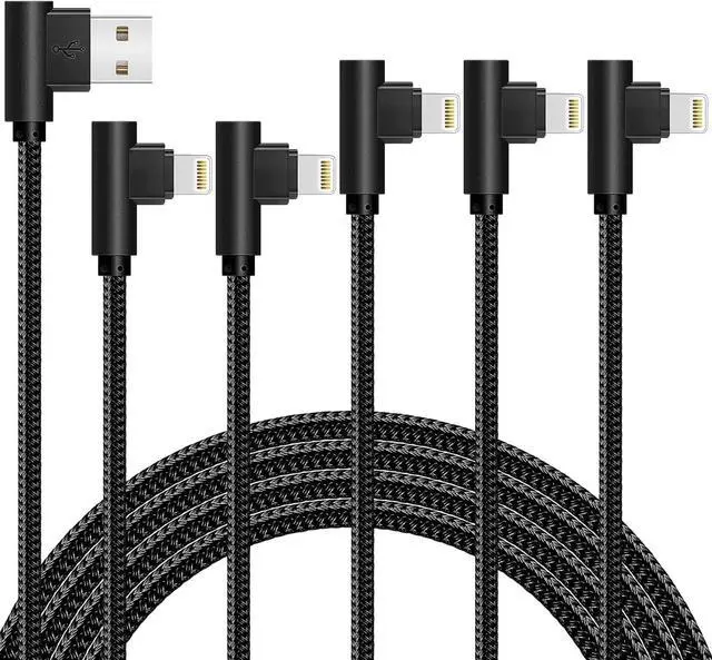Main image of iPhone Cable 5 Pack(3/3/6/6/10FT) MFI Certified Cable Lightning Fast Charger Nylon Braided Data Cord 90 Degree Elbow for Game Video Compatible with iPhone 12 11 Pro Max XR XS Max iPod (Black)