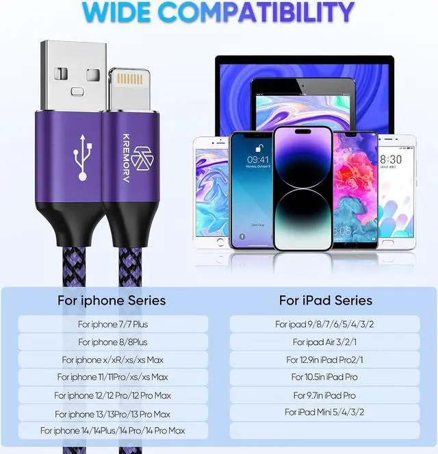 Alt view image 7 of 7 - iPhone Charger 5 Pack 10 ft USB Lightning Cable  Mfi Certified Cable Fast Charging Cord Nylon Braided Compatible with iPhone 14 13 12 11 XS XR X Pro Max 8 7 6 6S 6 Plus Mini 5S SE Plus iPad