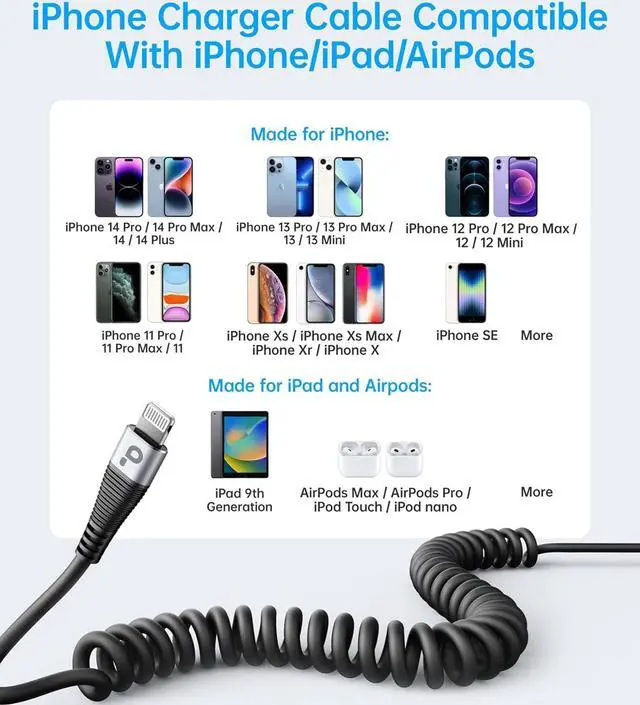 Alt view image 6 of 7 - iPhone Charger Cable for Car (3FT/5FT) 2Pack Coiled Lightning Cable [Apple MFi Certified] Retractable Charging Cord Compatible with iPhone 14/13/12/11 Pro Max/XS MAX/XR/XS/8/iPad/iPod/CarPlay