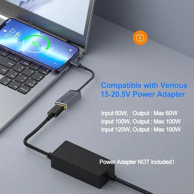 Alt view image 4 of 5 - USB C to Slim Tip Adapter 100W PD3.0 Fast Charging for Convert Square Charger to Type-C Power for  Thinkpad MacBook Chromebook Nintendo Switch and Any USB C Devices Input 15-20VDC