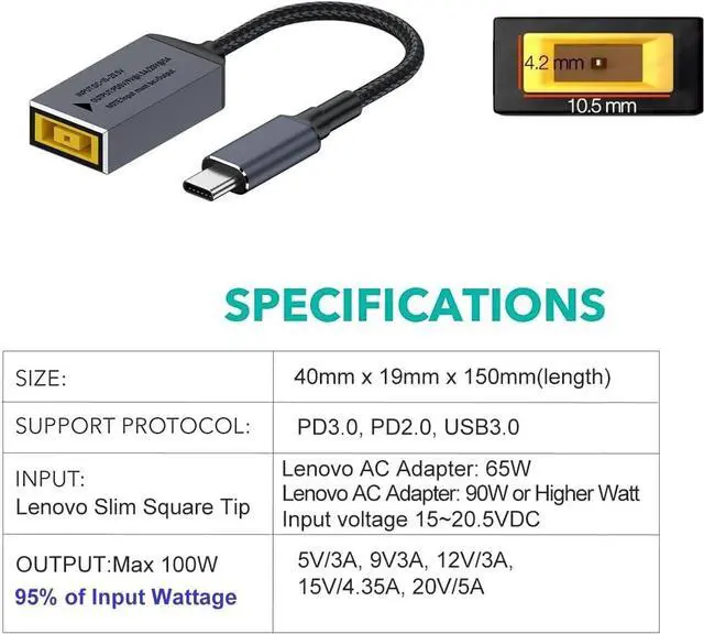 Alt view image 2 of 5 - USB C to Slim Tip Adapter 100W PD3.0 Fast Charging for Convert Square Charger to Type-C Power for  Thinkpad MacBook Chromebook Nintendo Switch and Any USB C Devices Input 15-20VDC