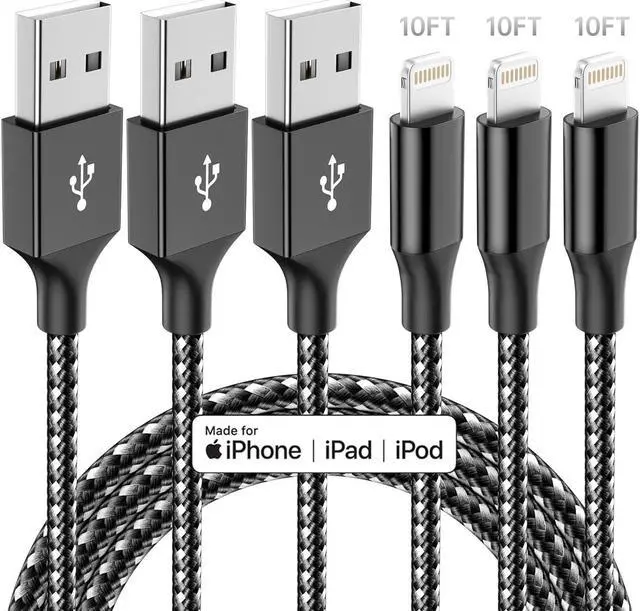 Main image of iPhone Charger 3 Pack 10 FT iPhone Charger Fast Charging Cord Apple MFi Certified Lightning Cable Nylon Braided Compatible with iPhone 14 13 12 11 Pro Max XR XS X 8 7 6 Plus SE iPad and More