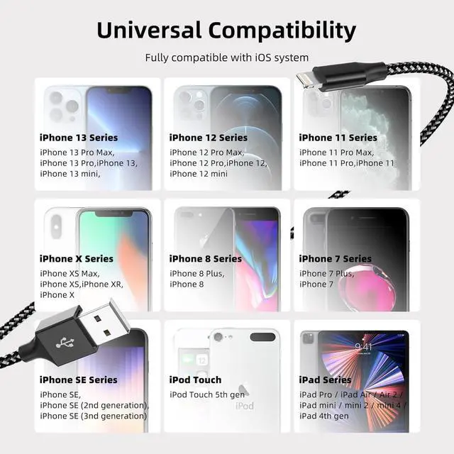 Alt view image 7 of 7 - iPhone Charger 3 Pack 10 FT iPhone Charger Fast Charging Cord Apple MFi Certified Lightning Cable Nylon Braided Compatible with iPhone 14 13 12 11 Pro Max XR XS X 8 7 6 Plus SE iPad and More