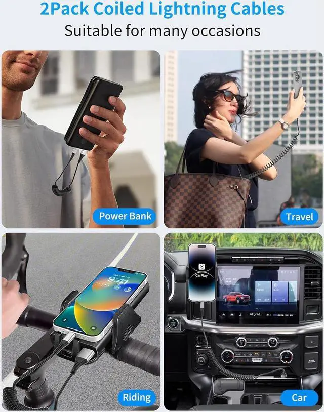 Alt view image 4 of 7 - Coiled Lightning Cable for Car 2Pack Retractable iPhone Charger Cable Fast Charging [MFi Certified] Short Apple CarPlay USB to Lightning Cord for iPhone 14 13 12 11 Pro Max Mini XR XS 8 SE iPad