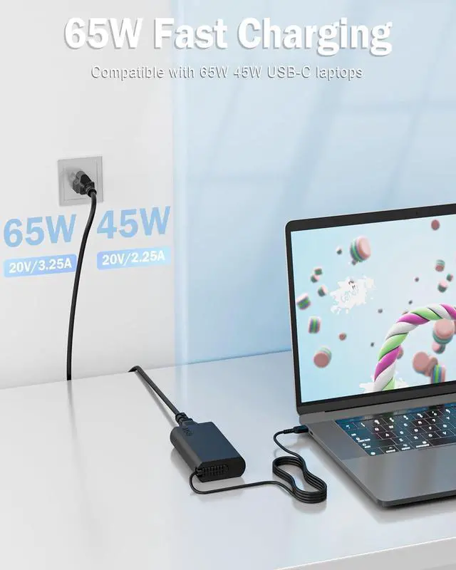 Alt view image 2 of 7 - 2025 New Slim 65W USB C Laptop Charger for  Thinkpad/Yoga/Chromebook Computer Type C Fast Charging Power Cord Ac Adapter