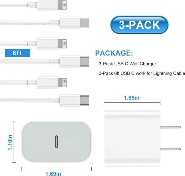 Alt view image 6 of 7 - for iPhone Charger Fast Charging 3Pack USB-C Wall Charger Block with 6FT USB C to Lightning Cables Compatible for iPhone 14/14 Pro/14Pro Max/13/12/11/Xs Max Type C Charge