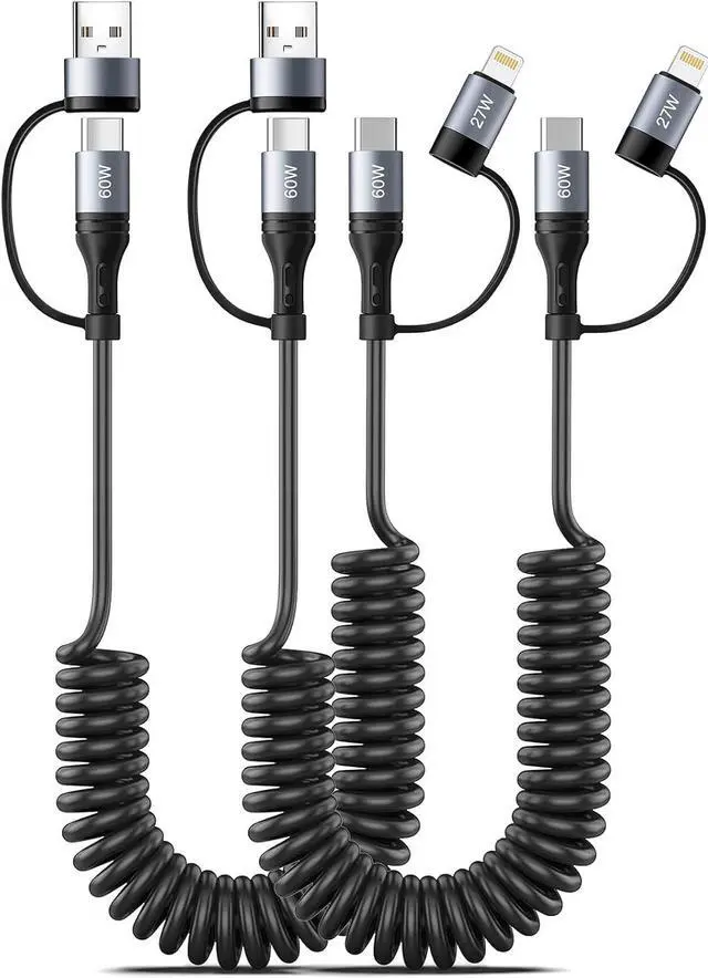 Main image of Coiled Lightning Cable [2Pack 4FT] 4 in 1 Multi Charging Cable 60W Fast Charging Retractable Charger Cord for iPhone 17/16/15/14/13/12/11 Pro Max/XS MAX/XR/XS/X/8/7/6 Plus/iPad/AirPods/MacBook/CarPlay
