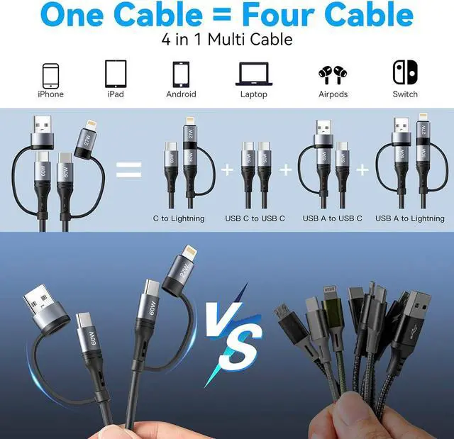 Alt view image 3 of 7 - Coiled Lightning Cable [2Pack 4FT] 4 in 1 Multi Charging Cable 60W Fast Charging Retractable Charger Cord for iPhone 17/16/15/14/13/12/11 Pro Max/XS MAX/XR/XS/X/8/7/6 Plus/iPad/AirPods/MacBook/CarPlay