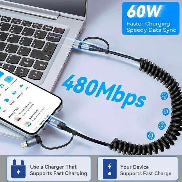 Alt view image 4 of 7 - Coiled Lightning Cable [2Pack 4FT] 4 in 1 Multi Charging Cable 60W Fast Charging Retractable Charger Cord for iPhone 17/16/15/14/13/12/11 Pro Max/XS MAX/XR/XS/X/8/7/6 Plus/iPad/AirPods/MacBook/CarPlay