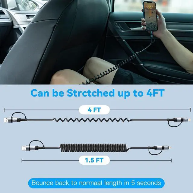 Alt view image 7 of 7 - Coiled Lightning Cable [2Pack 4FT] 4 in 1 Multi Charging Cable 60W Fast Charging Retractable Charger Cord for iPhone 17/16/15/14/13/12/11 Pro Max/XS MAX/XR/XS/X/8/7/6 Plus/iPad/AirPods/MacBook/CarPlay