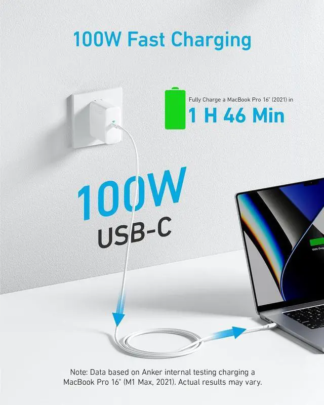 Alt view image 2 of 7 - Mac Book Pro Charger 100W USB C Charger Compact and Foldable Fast Charger for MacBook Air  Galaxy iPad Pro and All USB C Devices 5 ft USB C to USB C Cable Included