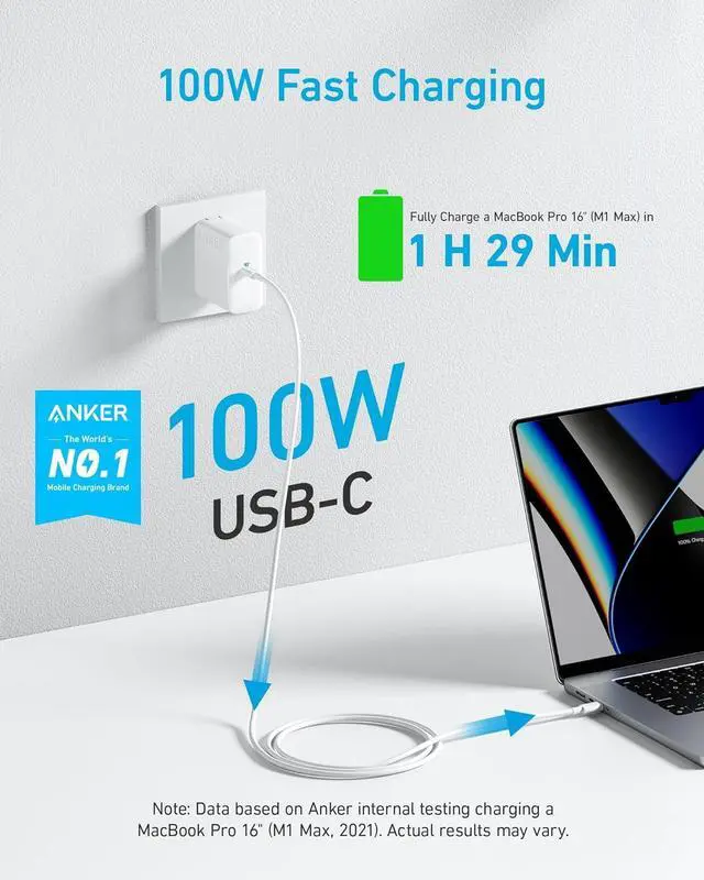 Alt view image 3 of 7 - Mac Book Pro Charger 100W USB C Charger Compact and Foldable Fast Charger for MacBook Air  Galaxy iPad Pro and All USB C Devices 5 ft USB C to USB C Cable Included