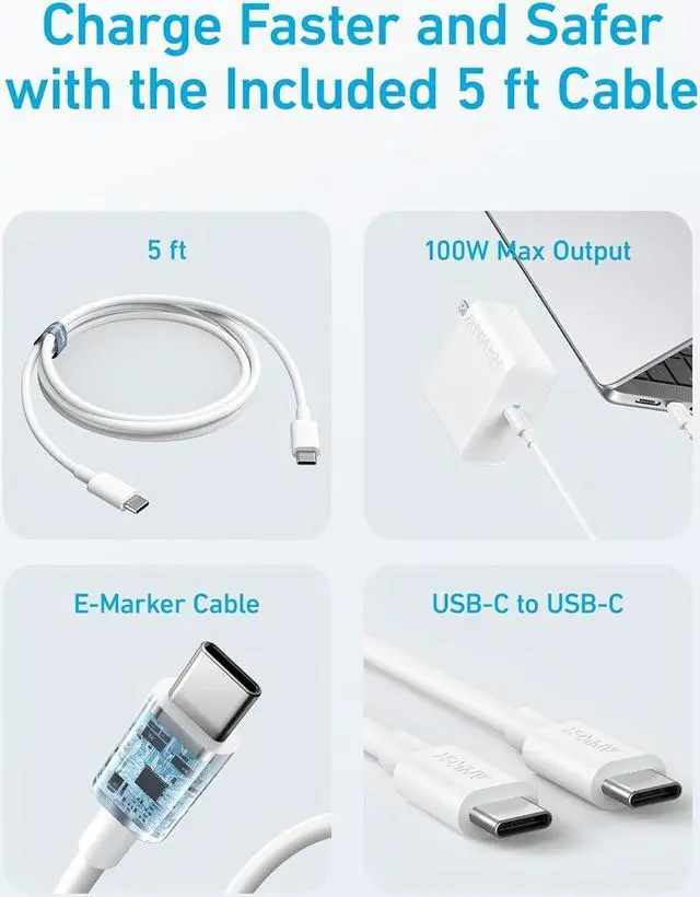 Alt view image 6 of 7 - Mac Book Pro Charger 100W USB C Charger Compact and Foldable Fast Charger for MacBook Air  Galaxy iPad Pro and All USB C Devices 5 ft USB C to USB C Cable Included