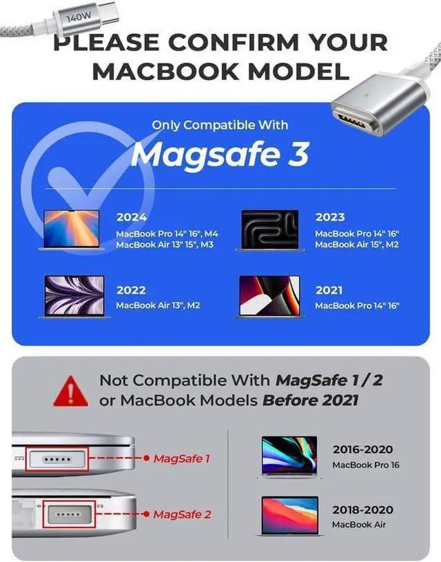 Alt view image 2 of 7 - USB-C to Magnetic 3 Cable (6.6FT Space Gray) Fit for MacBook Air Charger MagSafe Gen 3 Port 140W Magnetic Safe 3 Cable Fit for 2024 MacBook Pro 14 16 M4 2023 MacBook Air 13 15 M3 & More