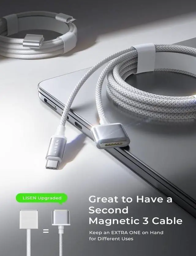 Alt view image 3 of 7 - USB-C to Magnetic 3 Cable (6.6FT Space Gray) Fit for MacBook Air Charger MagSafe Gen 3 Port 140W Magnetic Safe 3 Cable Fit for 2024 MacBook Pro 14 16 M4 2023 MacBook Air 13 15 M3 & More