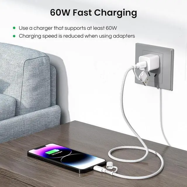 Alt view image 4 of 7 - 4-in-1 USB C Charger Cable 6.6FT for iPhone 16 15 Pro AirPods 4/4th Generation/3 60W Charging Multi Charging Cord with USB-A Adapter/iOS/TypeC for  2 Max 2024 iWatch 10 S24 S23